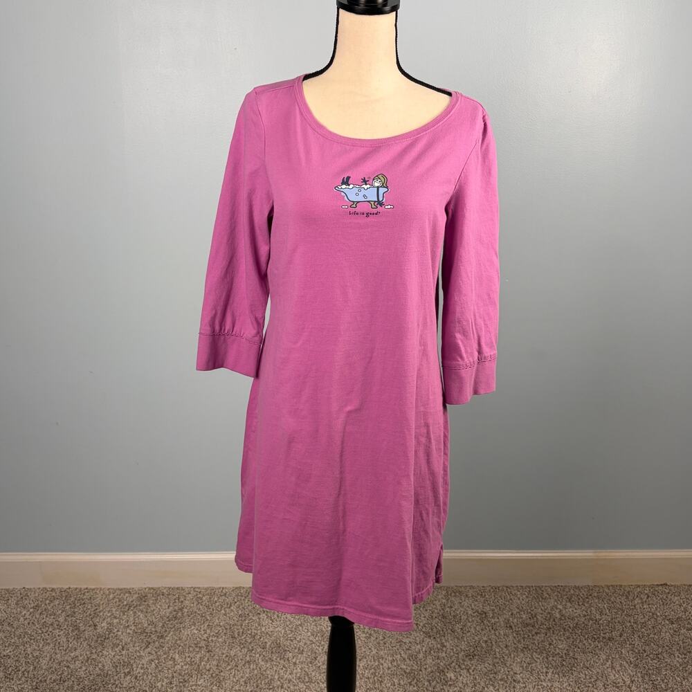 Cotton Life Is Good Sleep shirt Pink with cute bathtub graphic Sz L Comfy